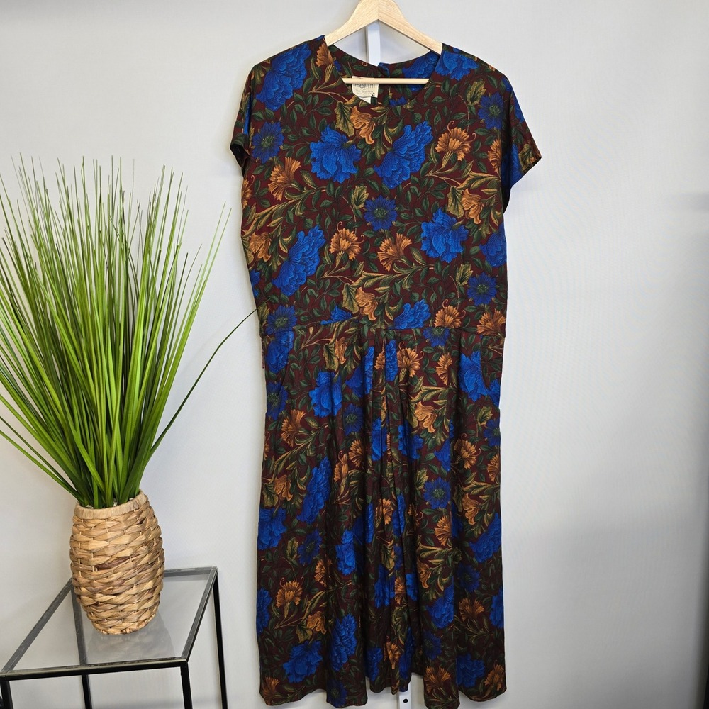 Pellini by Von Bramlett Vintage 90s Rayon Floral Midi Dress‎ Blue Red Size 12